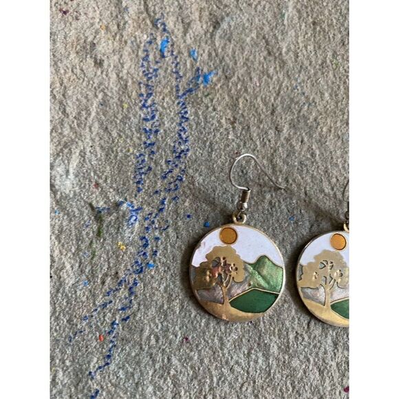 Vintage Dangle Earrings Enamel Circular Midsize 1 Inch Tree Landscape Unstamped - Picture 2 of 5